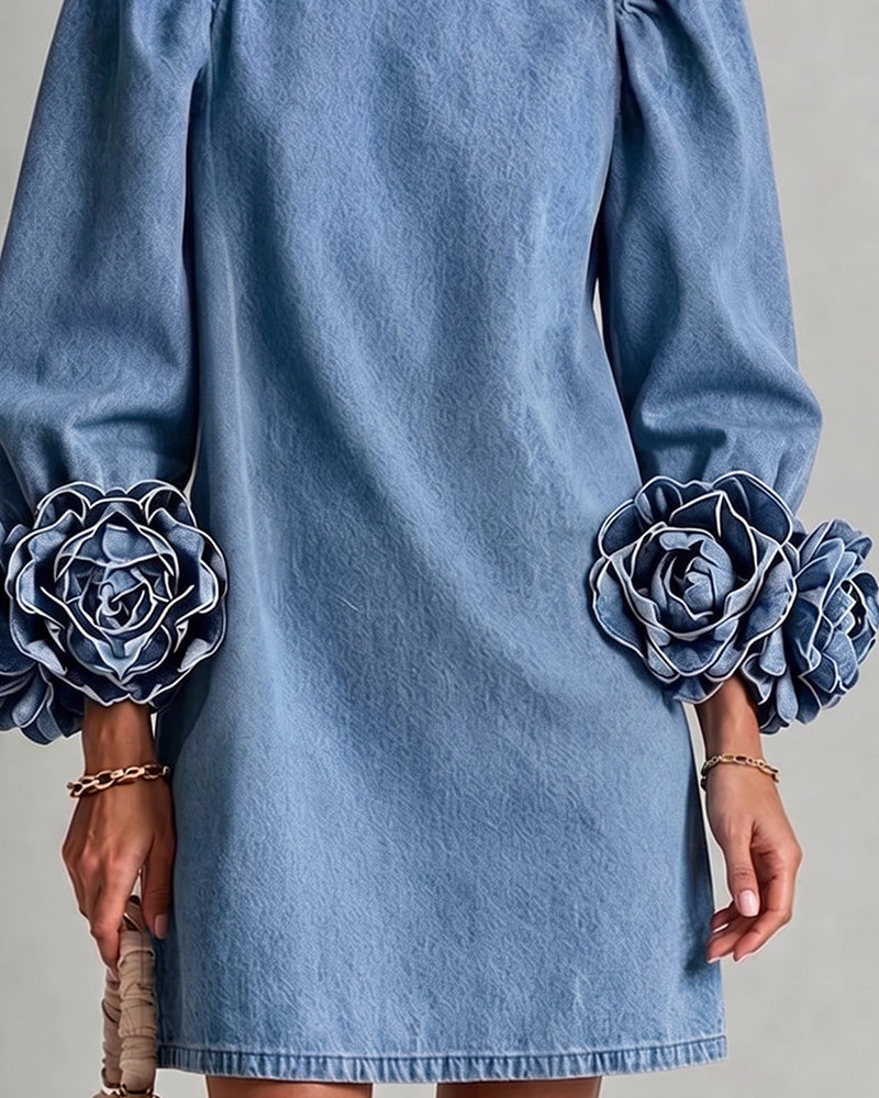 Women's 3D Floral Cuff Denim Mini Dress
