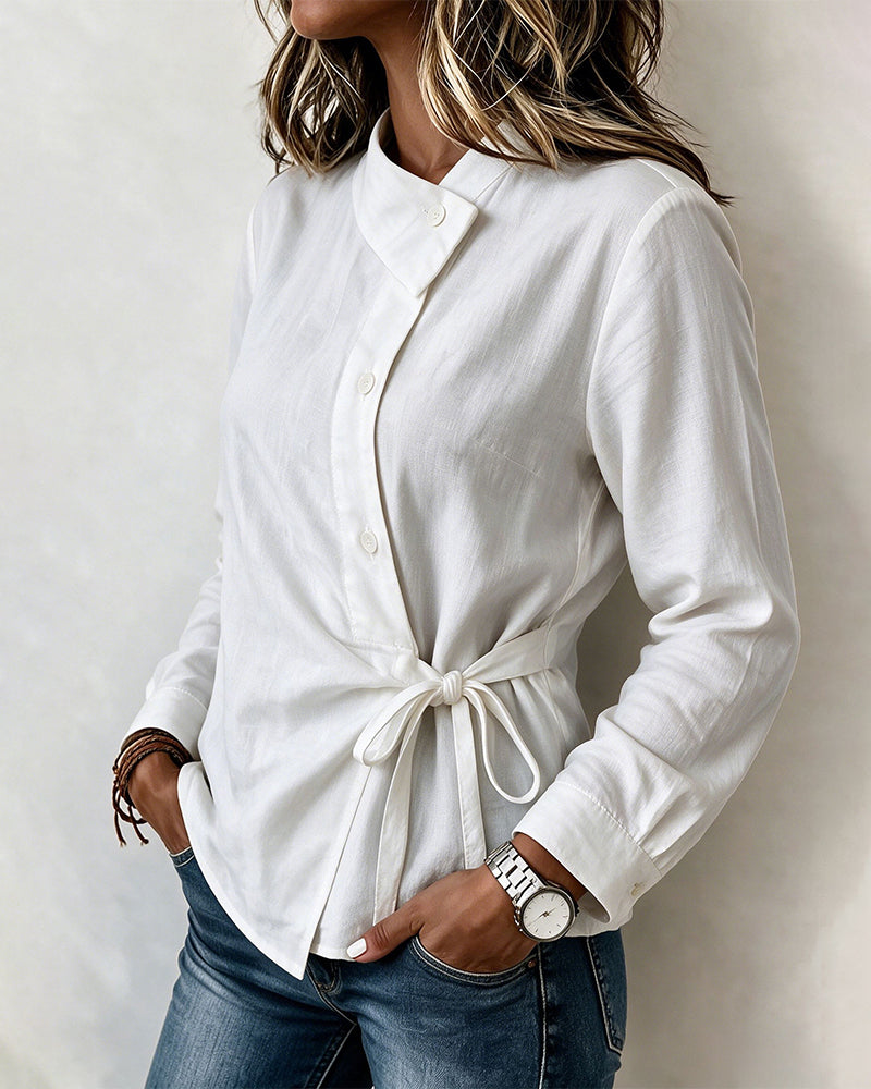 Asymmetric Collar Side Tie Wrap Blouse