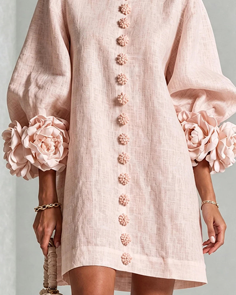 Faux Linen Mini Dress with 3D Floral Buttons & Puff Sleeves
