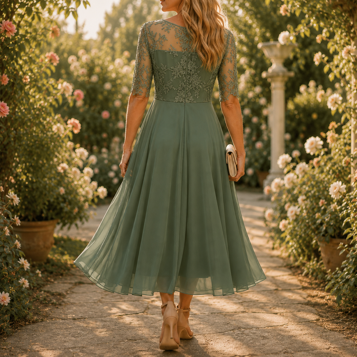 Embroidered Lace Bodice Midi Dress for Weddings