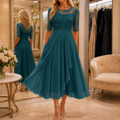 Embroidered Lace Bodice Midi Dress for Weddings