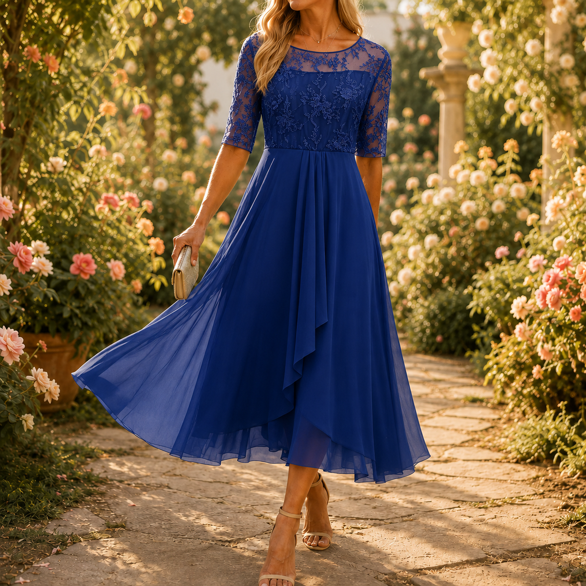 Embroidered Lace Bodice Midi Dress for Weddings