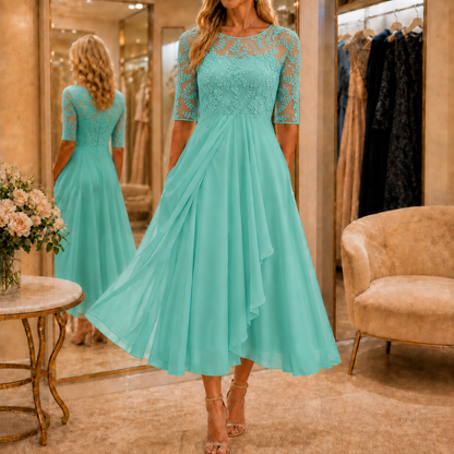 Embroidered Lace Bodice Midi Dress for Weddings