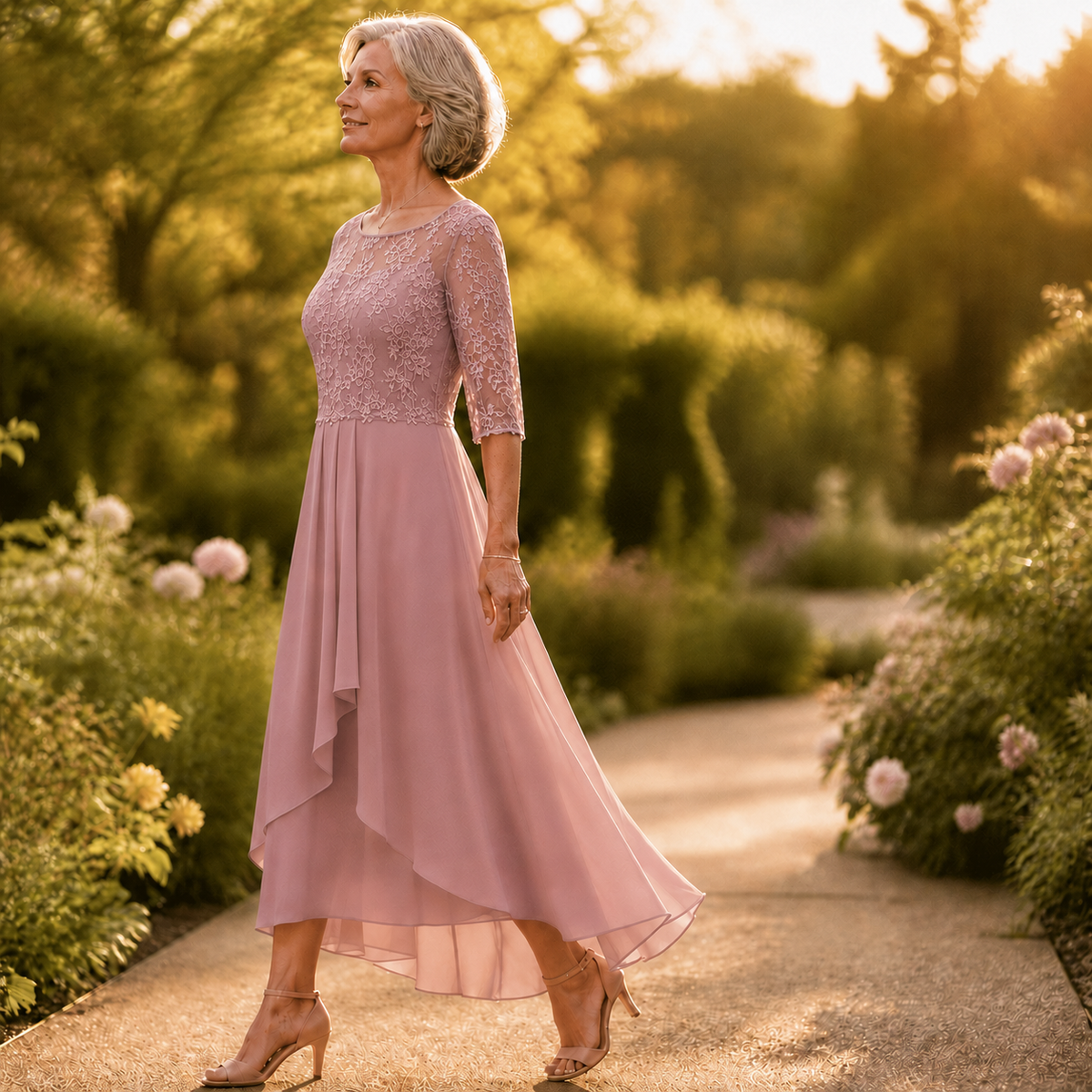 Embroidered Lace Bodice Midi Dress for Weddings