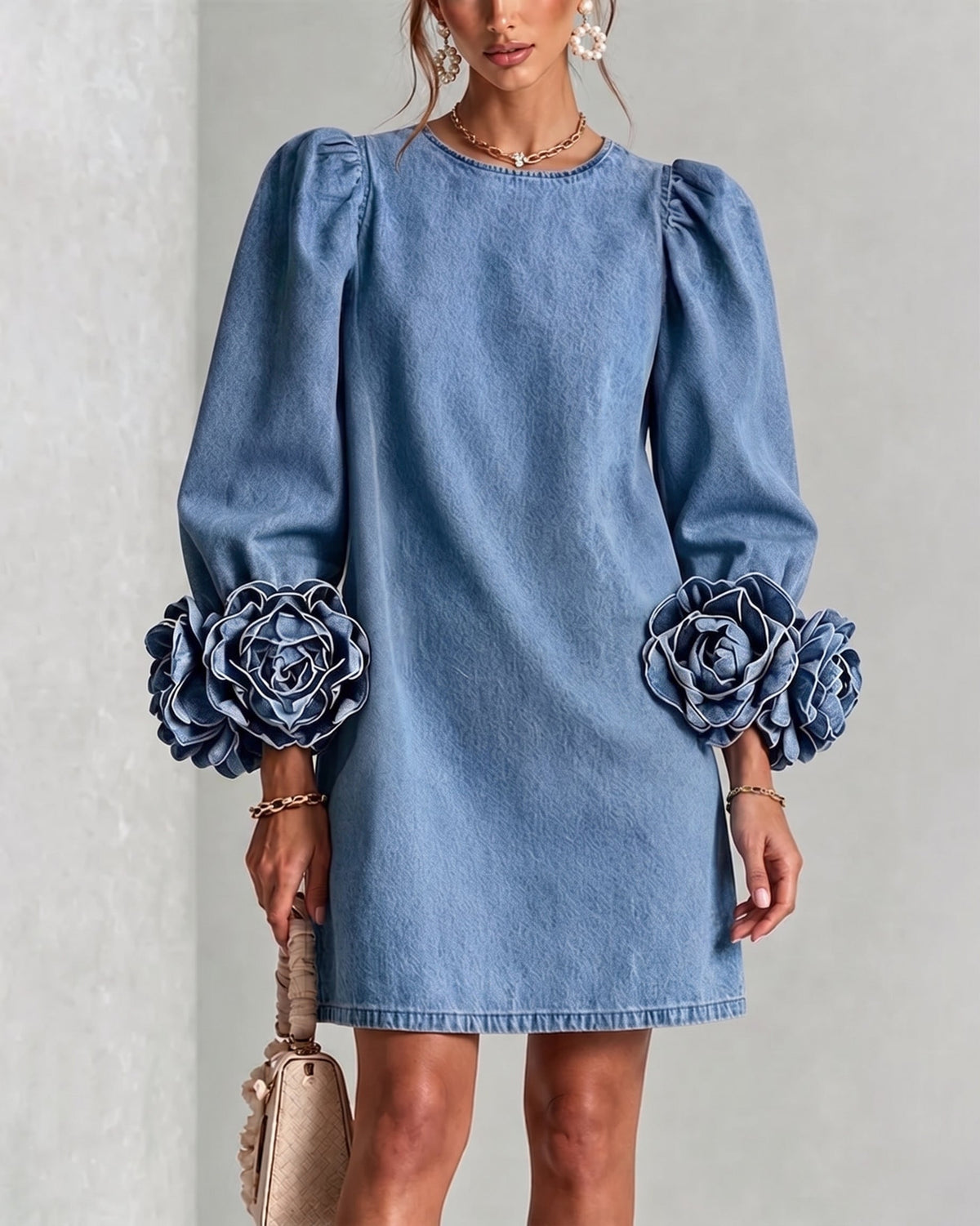 Women's 3D Floral Cuff Denim Mini Dress