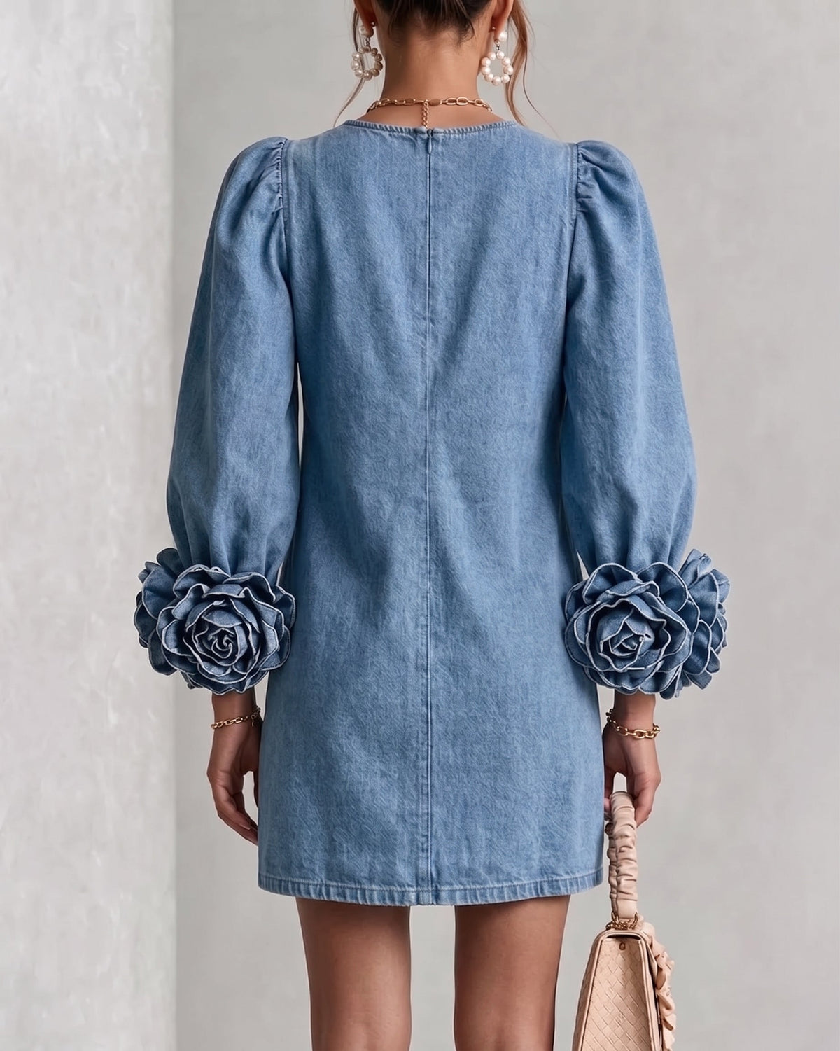 Women's 3D Floral Cuff Denim Mini Dress