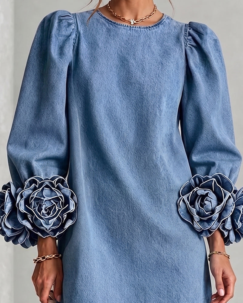 Women's 3D Floral Cuff Denim Mini Dress