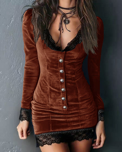 Vintage Lace Trim Velvet Fitted Dress