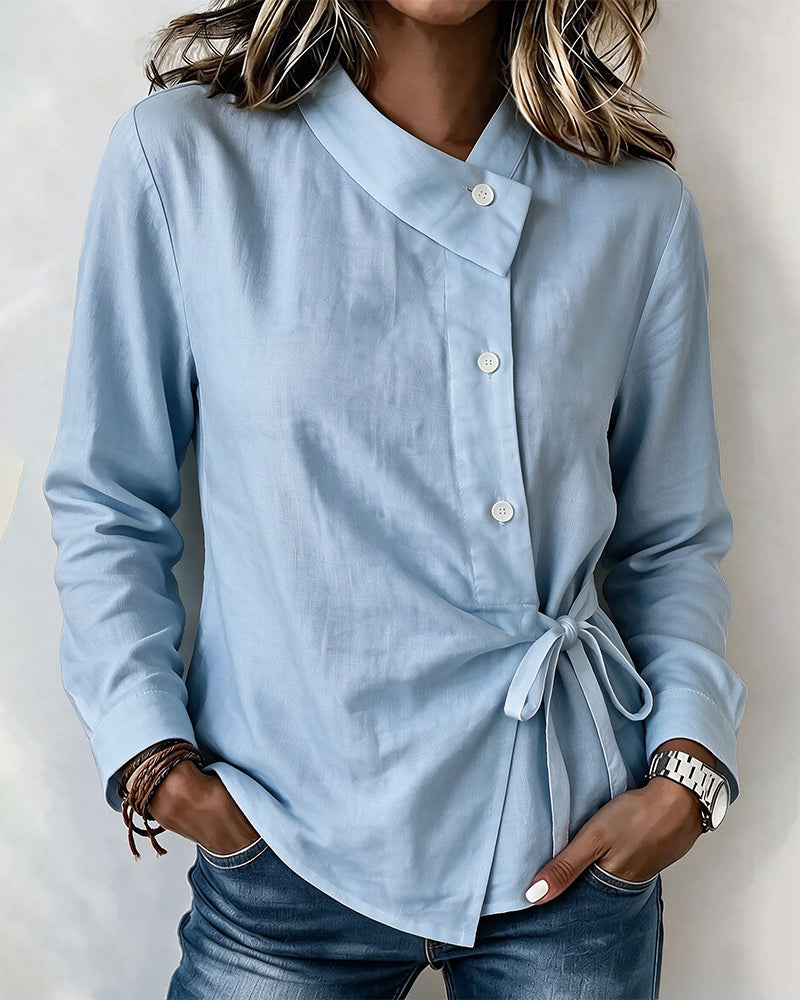 Asymmetric Collar Side Tie Wrap Blouse