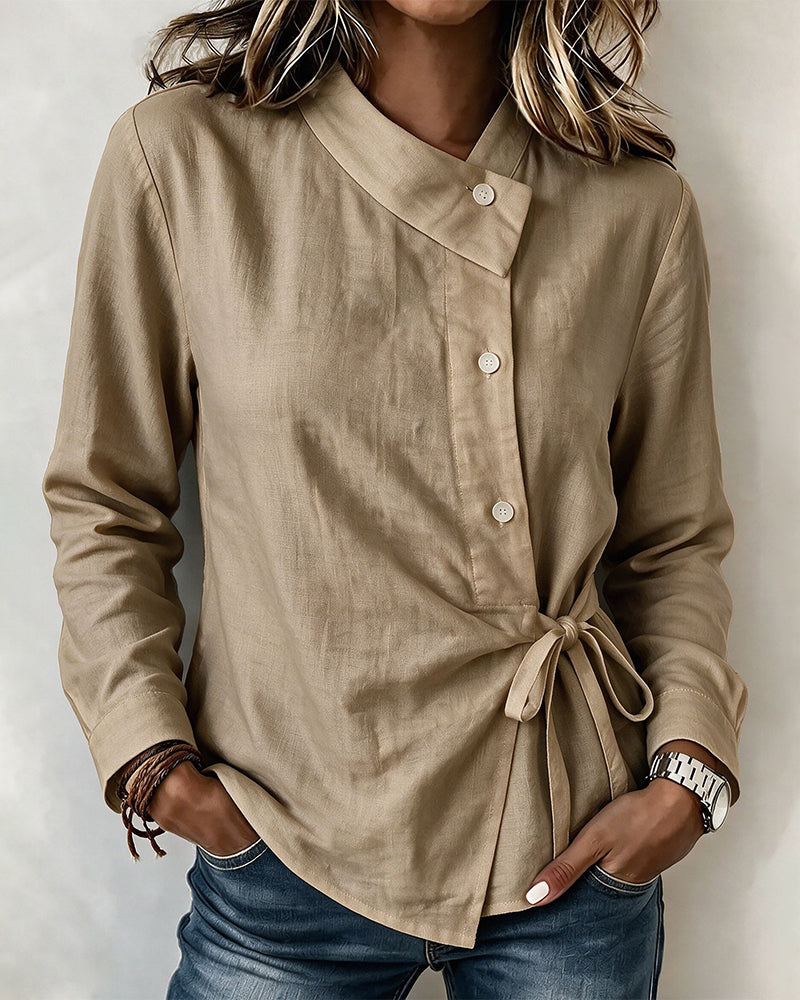 Asymmetric Collar Side Tie Wrap Blouse