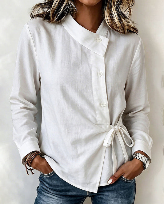 Asymmetric Collar Side Tie Wrap Blouse