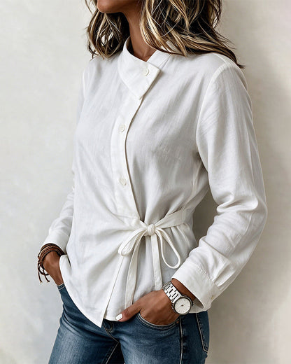 Asymmetric Collar Side Tie Wrap Blouse