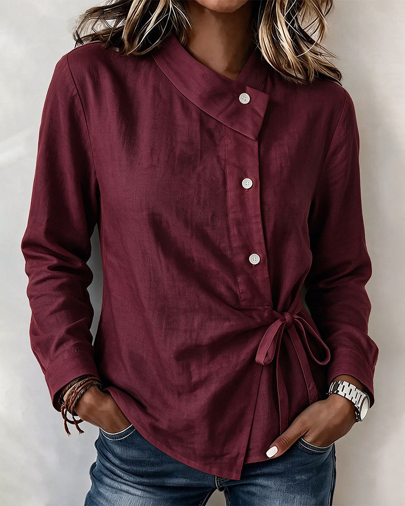 Asymmetric Collar Side Tie Wrap Blouse