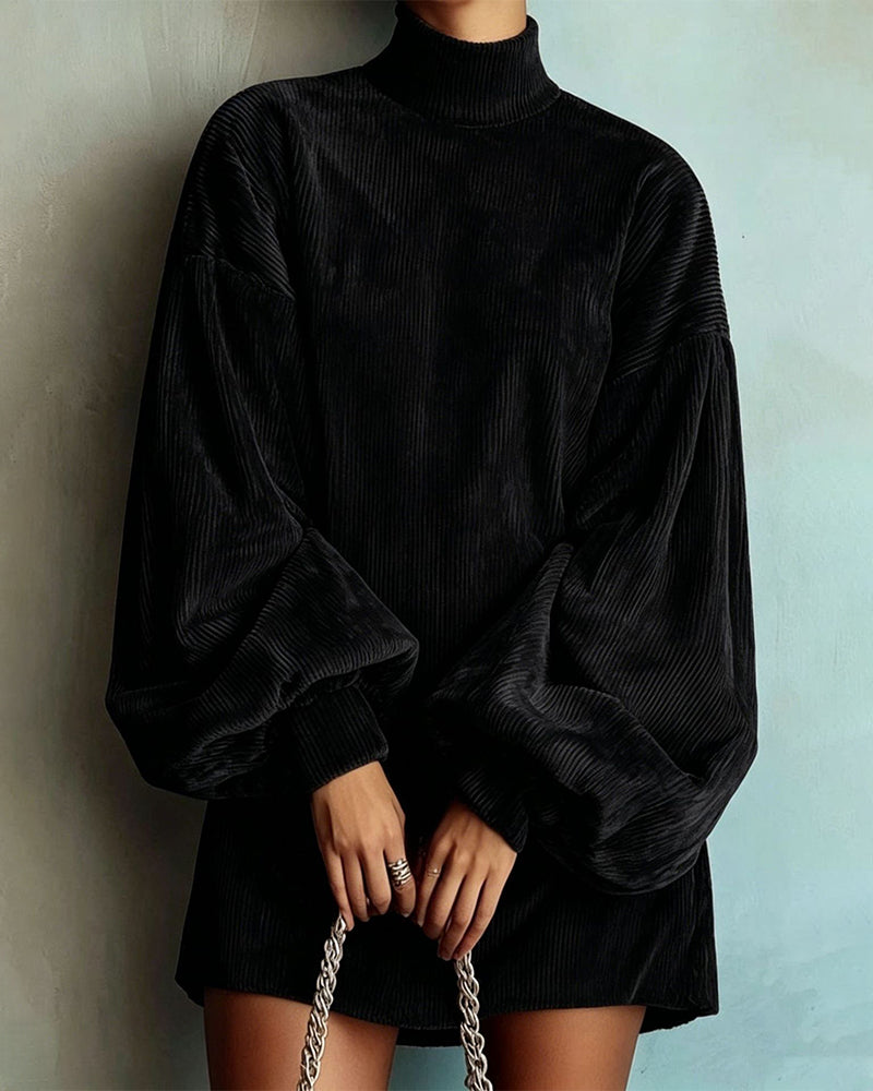 Mock Neck Lantern Sleeve Corduroy Sweatshirt Dress