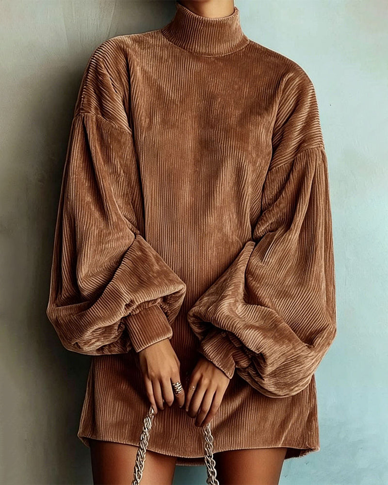 Mock Neck Lantern Sleeve Corduroy Sweatshirt Dress