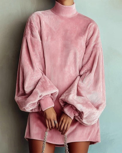 Mock Neck Lantern Sleeve Corduroy Sweatshirt Dress