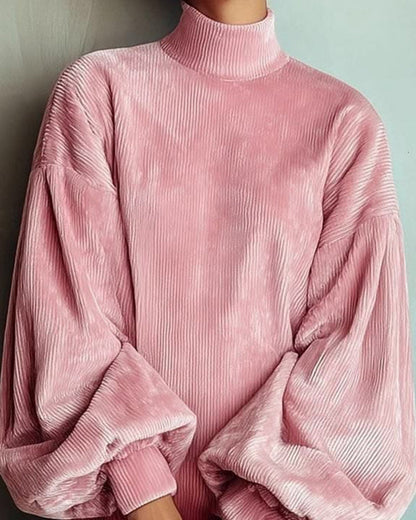 Mock Neck Lantern Sleeve Corduroy Sweatshirt Dress