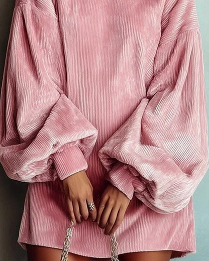 Mock Neck Lantern Sleeve Corduroy Sweatshirt Dress