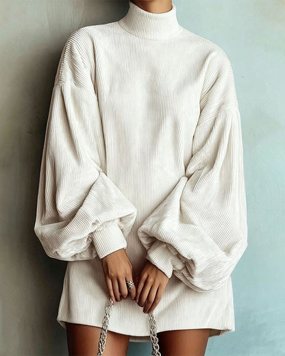 Mock Neck Lantern Sleeve Corduroy Sweatshirt Dress