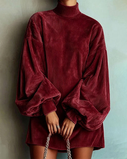 Mock Neck Lantern Sleeve Corduroy Sweatshirt Dress