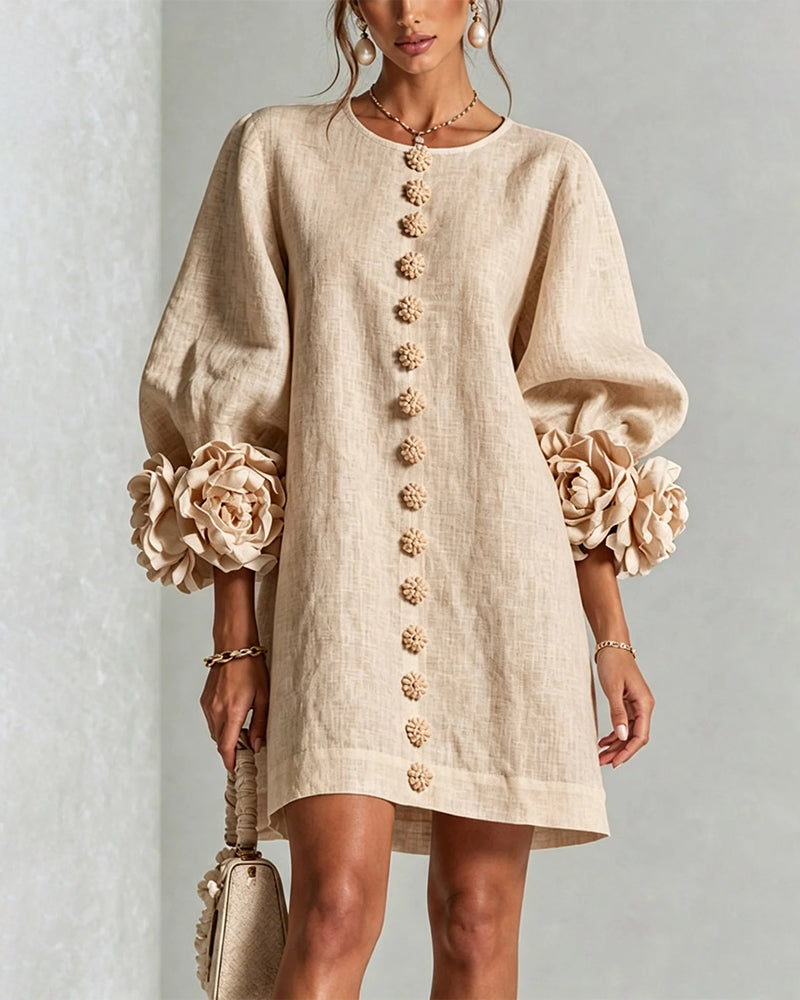 Faux Linen Mini Dress with 3D Floral Buttons & Puff Sleeves