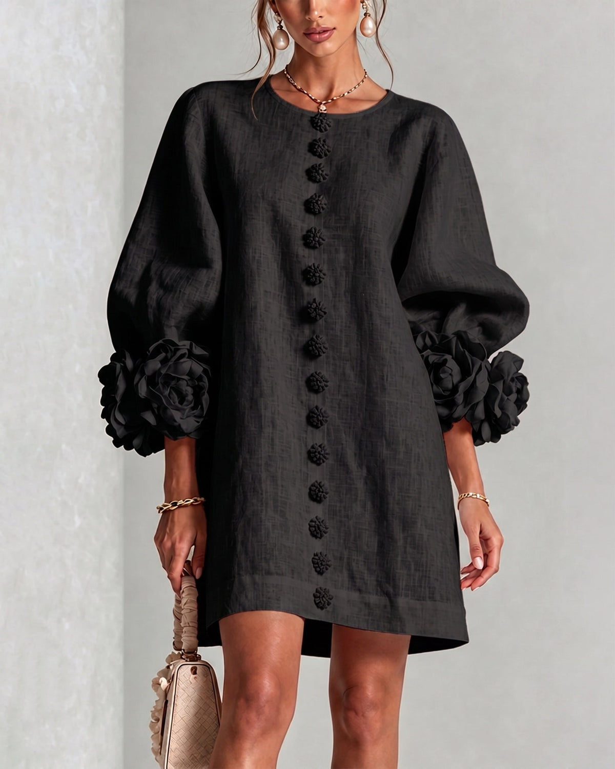 Faux Linen Mini Dress with 3D Floral Buttons & Puff Sleeves