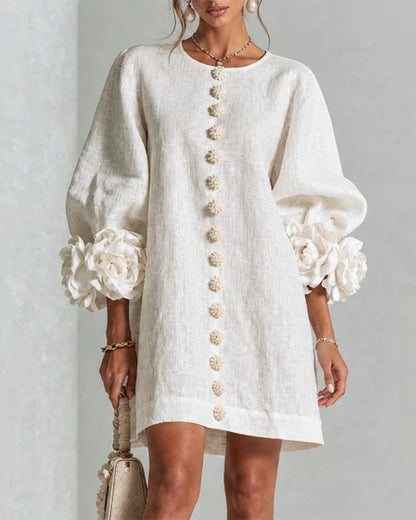 Faux Linen Mini Dress with 3D Floral Buttons & Puff Sleeves