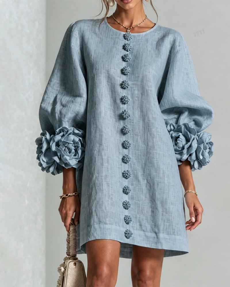 Faux Linen Mini Dress with 3D Floral Buttons & Puff Sleeves