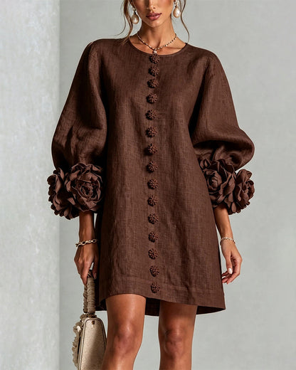 Faux Linen Mini Dress with 3D Floral Buttons & Puff Sleeves
