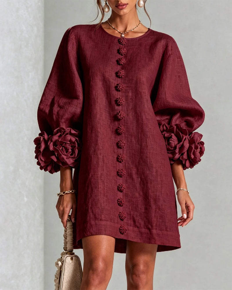 Faux Linen Mini Dress with 3D Floral Buttons & Puff Sleeves