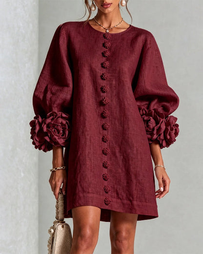 Faux Linen Mini Dress with 3D Floral Buttons & Puff Sleeves