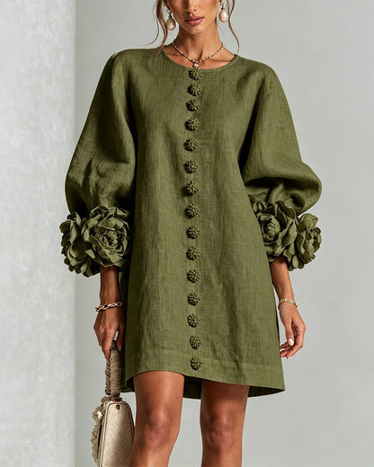 Faux Linen Mini Dress with 3D Floral Buttons & Puff Sleeves