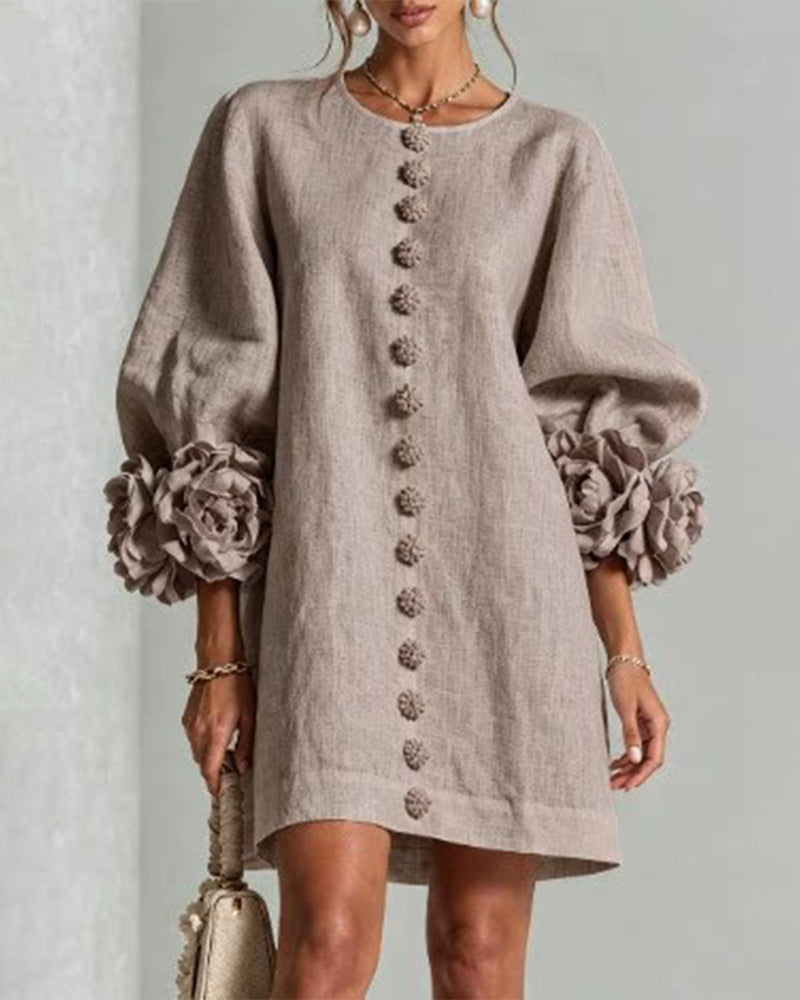 Faux Linen Mini Dress with 3D Floral Buttons & Puff Sleeves