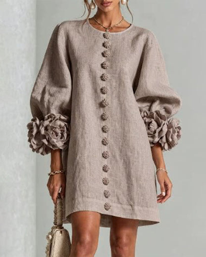 Faux Linen Mini Dress with 3D Floral Buttons & Puff Sleeves