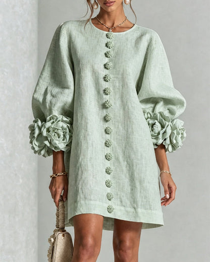 Faux Linen Mini Dress with 3D Floral Buttons & Puff Sleeves