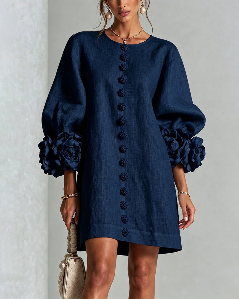 Faux Linen Mini Dress with 3D Floral Buttons & Puff Sleeves