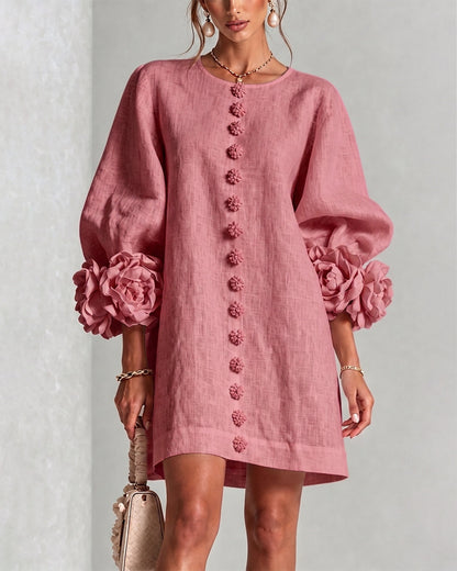 Faux Linen Mini Dress with 3D Floral Buttons & Puff Sleeves