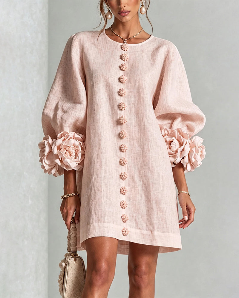 Faux Linen Mini Dress with 3D Floral Buttons & Puff Sleeves