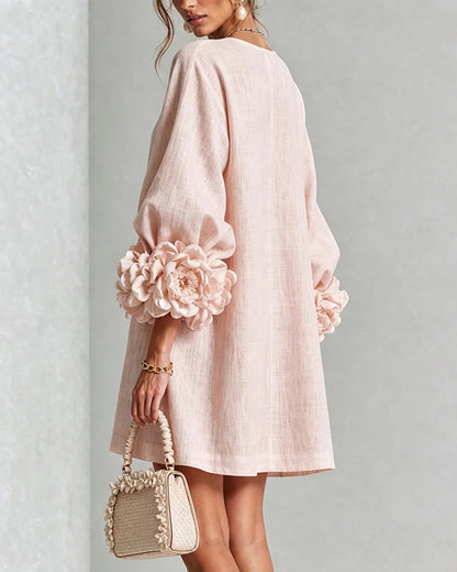 Faux Linen Mini Dress with 3D Floral Buttons & Puff Sleeves