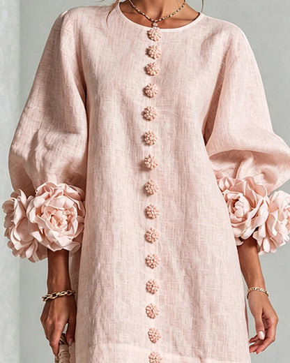 Faux Linen Mini Dress with 3D Floral Buttons & Puff Sleeves
