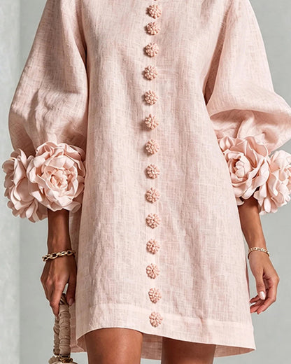 Faux Linen Mini Dress with 3D Floral Buttons & Puff Sleeves