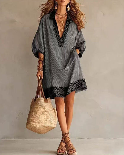 Leopard Trim Deep V Neck Loose Striped Mini Dress