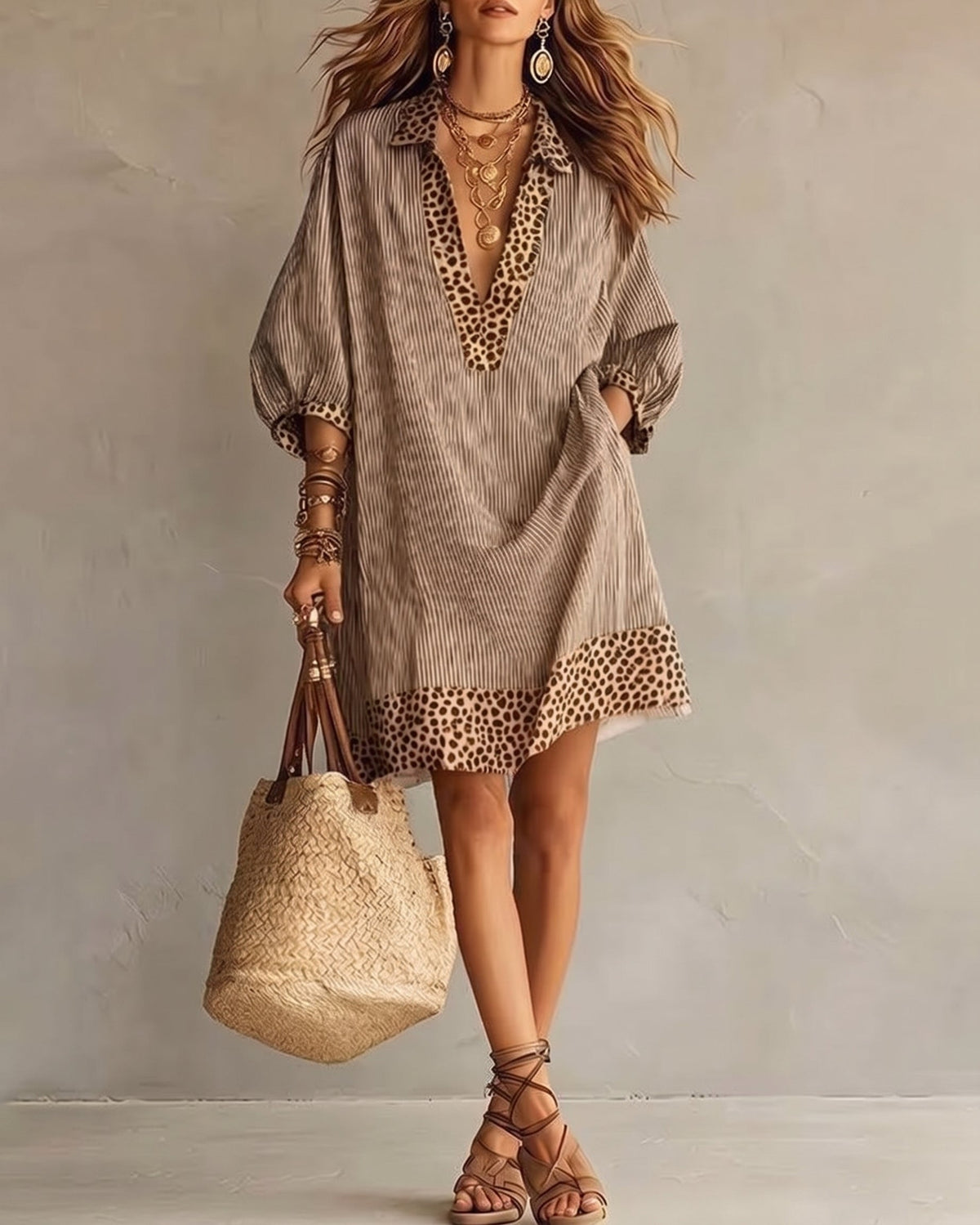 Leopard Trim Deep V Neck Loose Striped Mini Dress