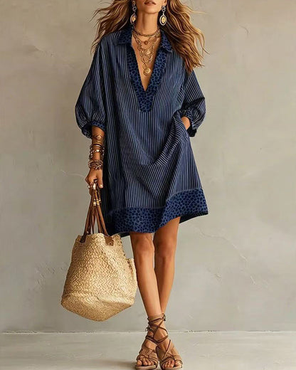 Leopard Trim Deep V Neck Loose Striped Mini Dress