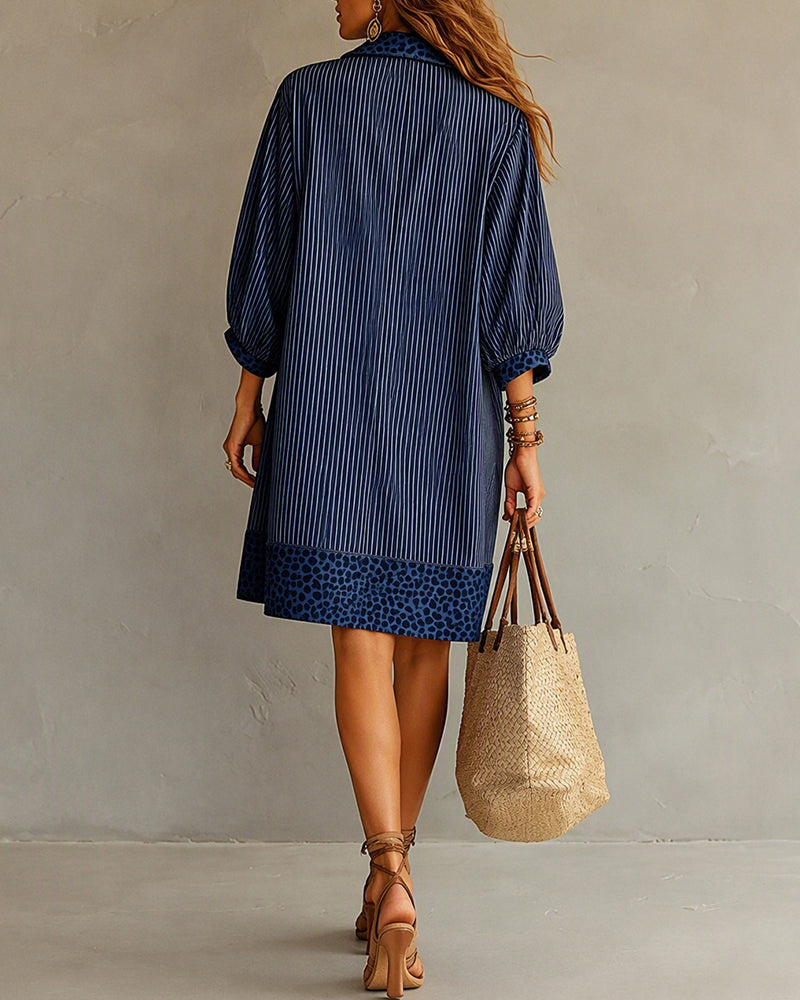 Leopard Trim Deep V Neck Loose Striped Mini Dress