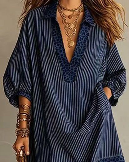 Leopard Trim Deep V Neck Loose Striped Mini Dress