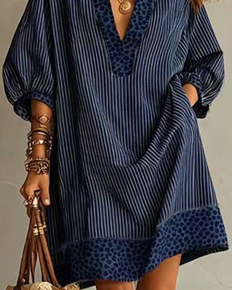 Leopard Trim Deep V Neck Loose Striped Mini Dress
