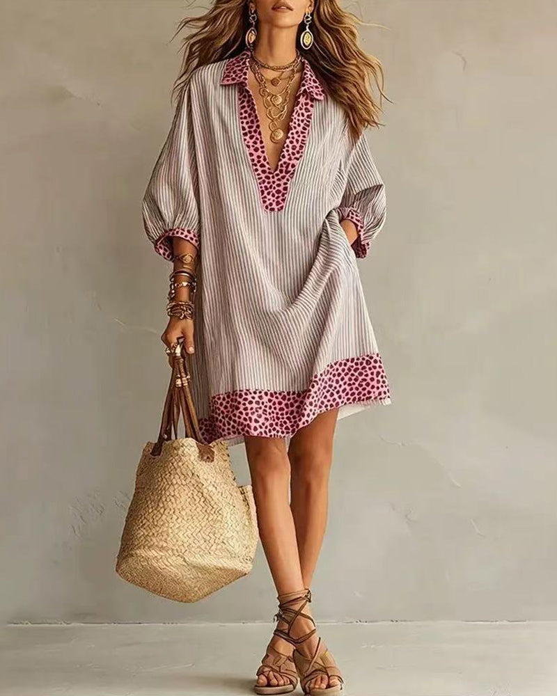 Leopard Trim Deep V Neck Loose Striped Mini Dress