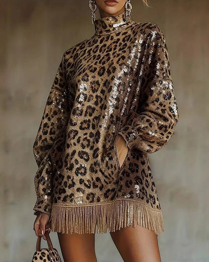 Fashion Leopard Stand Collar Tassel Dress
