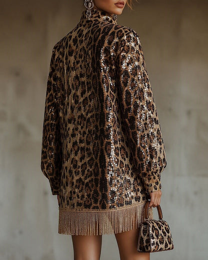 Fashion Leopard Stand Collar Tassel Dress